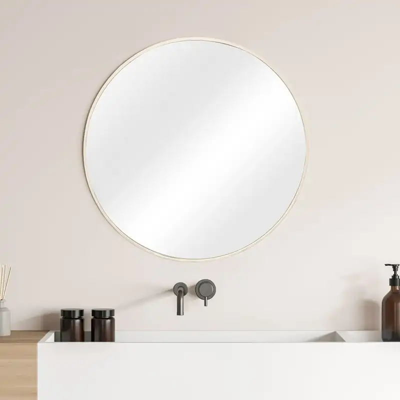 

Round Aluminum Wall Mirror, Natural Wood