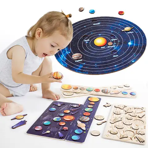 Деревянное пространство, игрушки Монтессори, планеты, подходящая игра, головоломка, лоток, Вселенная, солнечная система, научное обучение, д...