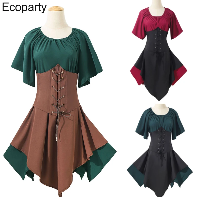 

Women Medieval Renaissance Cosplay Costume Vintage Bandage Fake Two-Piece Irregular Mini Dress Halloween Carnival Party Dress Up