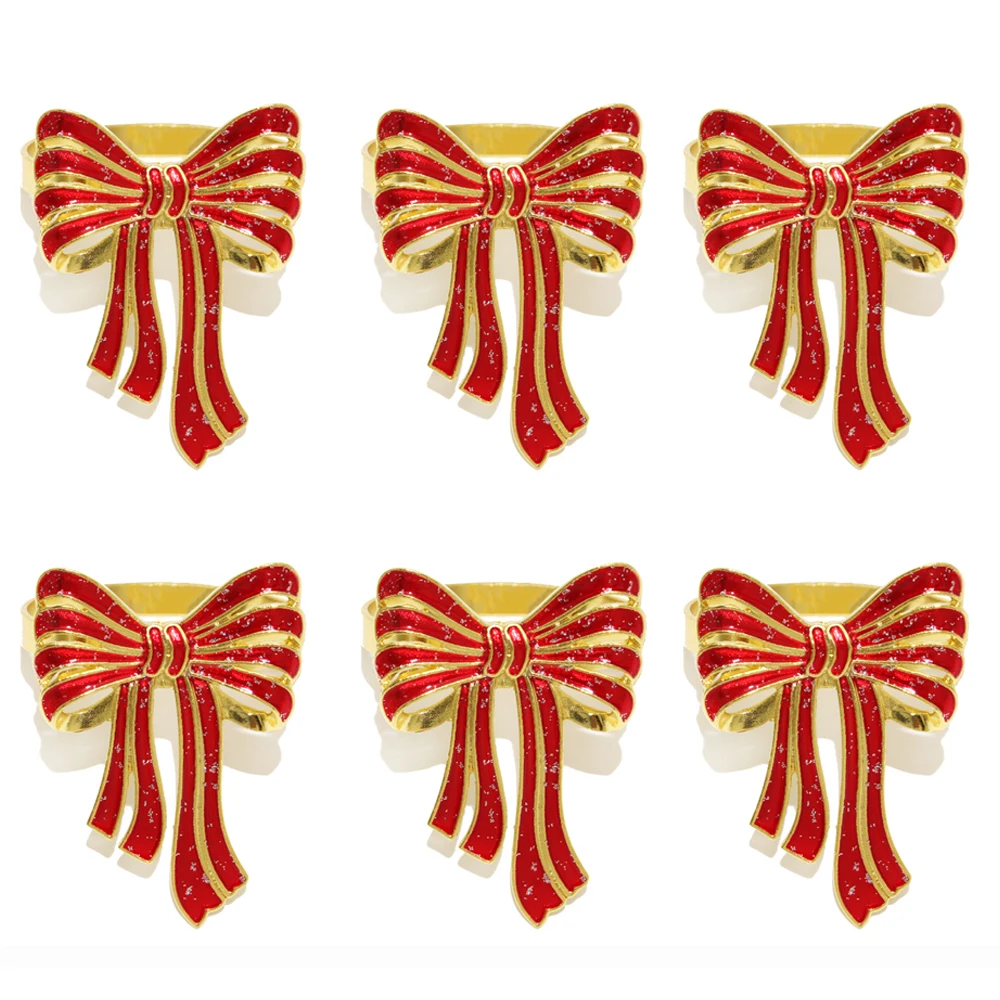 

6 шт. кольца для салфеток с рождественским бантом, красные и зеленые блестящие держатели для салфеток с бантом, праздничный декор стола для рождественской вечеринки, праздничного ужина