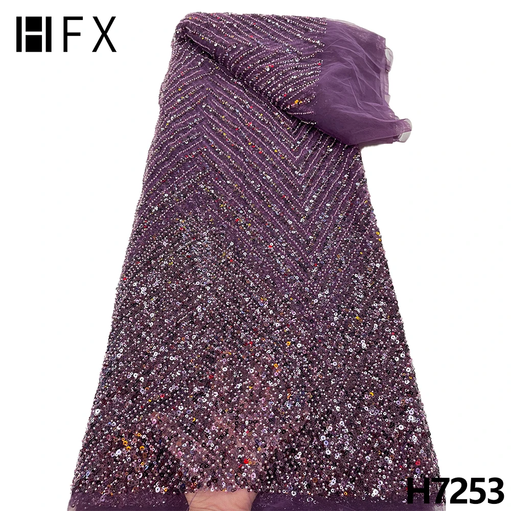 HFX-telas de encaje de lujo 2022, tejido de alta calidad hecho a mano con cuentas pesadas, tela de encaje nupcial, tela de encaje de lentejuelas africanas para boda F7253