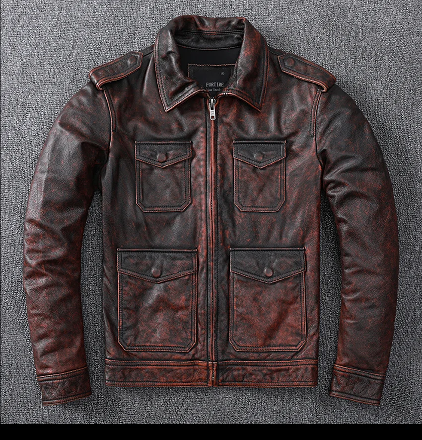 

Free shipping.wholesales brown cowhide jacket,mens vintage genuine leather jacket.quality hunting leather clothes.plus size