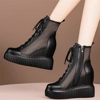 lace up gladiator sandals women genuine leather wedge high heel motorcycle boots female round toe fashion sneakers casual shoes