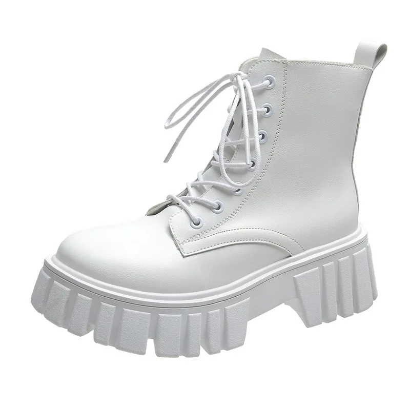 

Rimocy 2022 New Women White Ankle Boots PU Leather Thick Sole Lace Up Combat Booties Female Autumn Winter Platform Shoes Woman