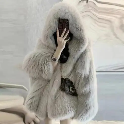 Fur coat female winter 2YK Korean fashion hooded environmental protection imitation fox fur loose Harajuku Slim fur coat