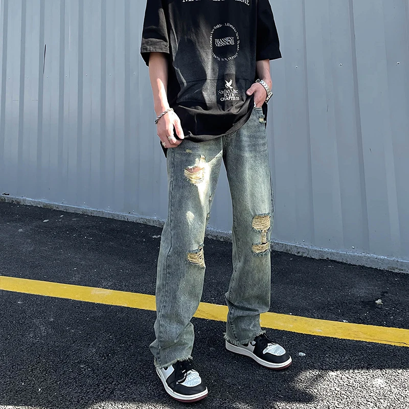 Men Jeans High Street Hip Hop Retro Hole Straight Loose Y2k Pants Loose Jeans Street Clothes Korean Fashion Street Clothes Jeans