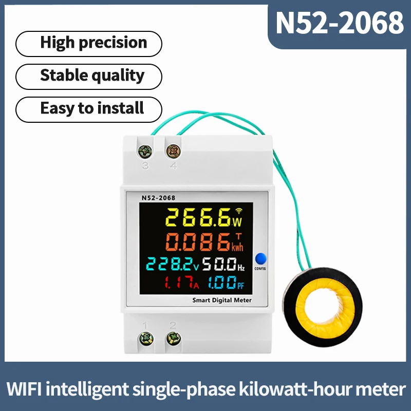 

N52-2068 Remote Meter Reading DIN-Rail WiFi Smart Single-phase Power Meter AC40-300V AC Voltage Current Energy Meter