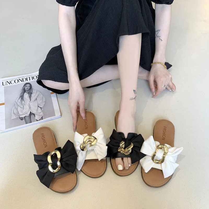 Women's Summer Luxury 2022 New Beach Sandals Flat Slippers Casual Bow Metal Decoration Irregular Soft Everyday Women's Shoes