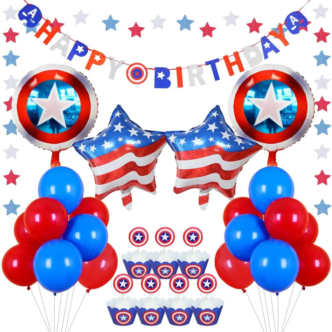 

CHEEREVEAL Blue and Red Party Decorations Foil Balloons Set Happy Birthday Banner Cupcake Toppers for Birthday Party Supplies