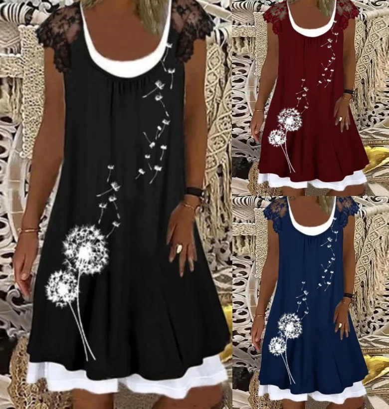 

2023 Fashion Women Fashion Sexy Print Casual Summer O-Neck Summer New Sexy Lace Loose Dress