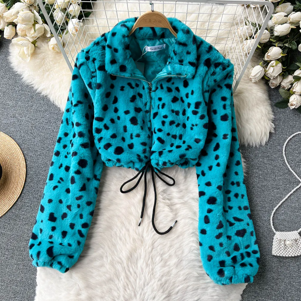 

Осенне-зимнее Новое плюшевое короткое пальто с леопардовым принтом, пикантное облегающее пальто на молнии с длинными рукавами и шнуровкой ...