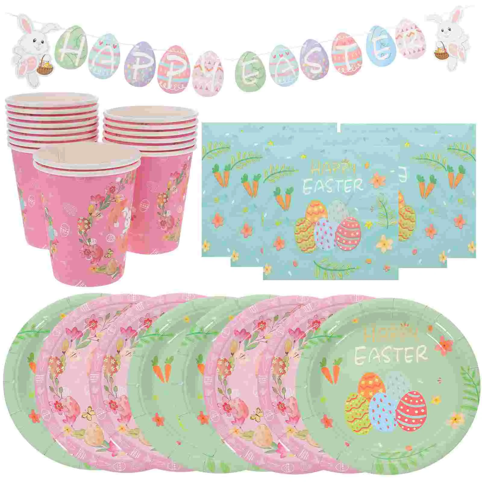 

Easter Party Plates Paper Tableware Bunny Disposable Supplies Birthday Set Dinner Plate Cups Utensils Decorations Kit Dessert