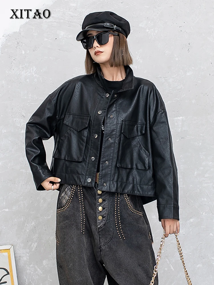 XITAO Black Short Women Faux Leather Fashion Personality Street Trendy All-match Coat Long Sleeve Single Breasted WLD13165