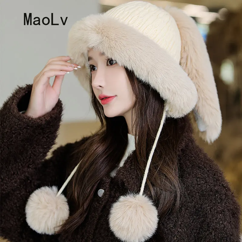 Rabbit Ears Fur Hat Women Winter Knitted Wool Hat Russia Outdoor Soft Plush Warm Version Cap Girl Cute Bunny Hat Female Benines