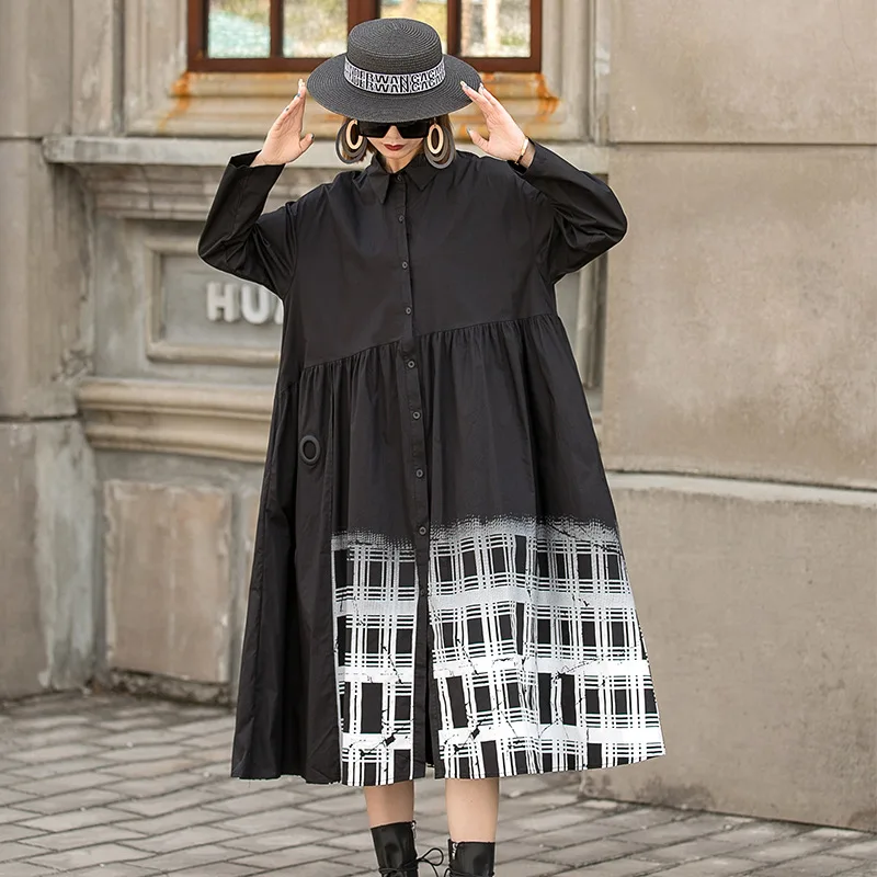 

SuperAen Мода Нерегулярные Лоскутные Печатные клетчатые с отложным воротником Длинные рубашки Весна 2022 однобортные платья для женщин