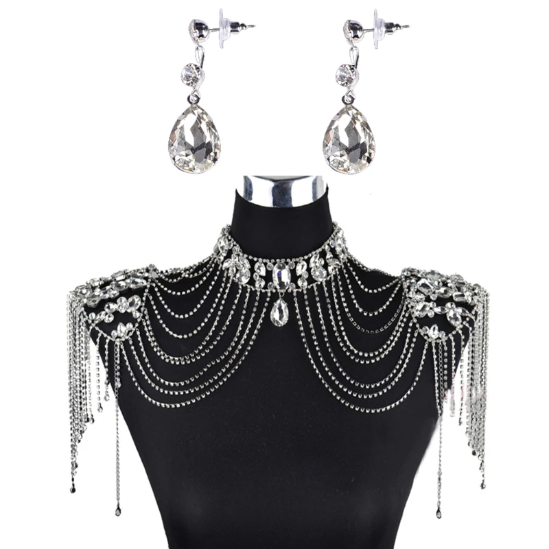 

Wedding Bridal Crystal Necklace Tassel Shoulder Chain with Teardrop Earrings Set Drop shipping