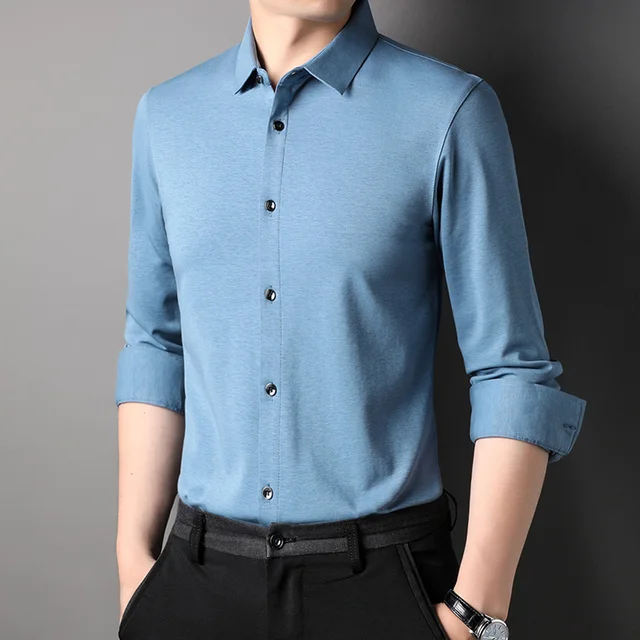 Top Grade Mulberry Silk 5.2% New Slim Fit Fashion Designer Brand Luxury Men Shirts 2023 Long Sleeve Plain Casual Mens Clothes 3