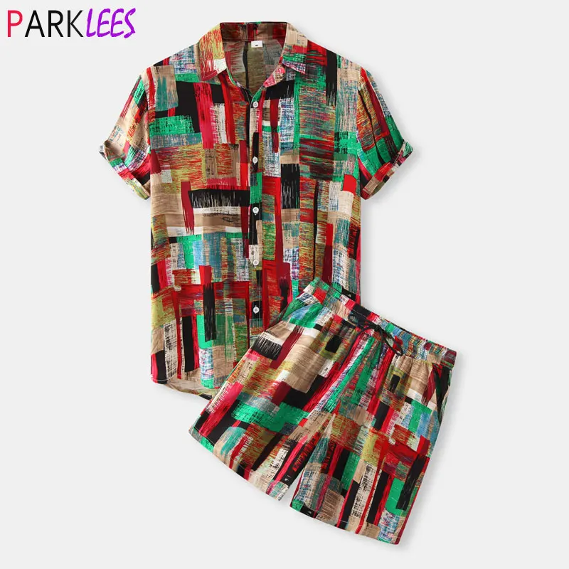 

Splash Ink Hawaiian Aloha Shirt Set for Men Short Sleeve Casual Button Down Beach Shirt Suits Mens Holiday Vacation Outfit 3XL