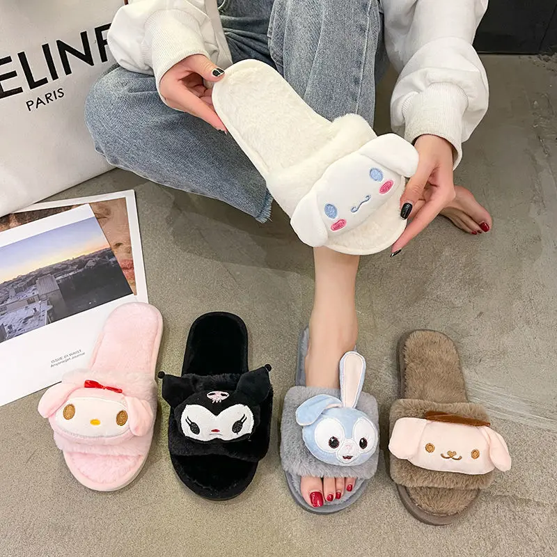 

Sanrio Kuromi My Melody Pom Pom Purin Cinnamoroll Cute Anime Girls Slippers Cartoon Fur Slippers Comfortable Shoes Christmas