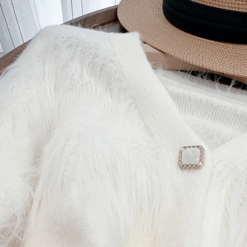 Уникальная белая женская одежда куртка с v-образным вырезом вязаный свитер