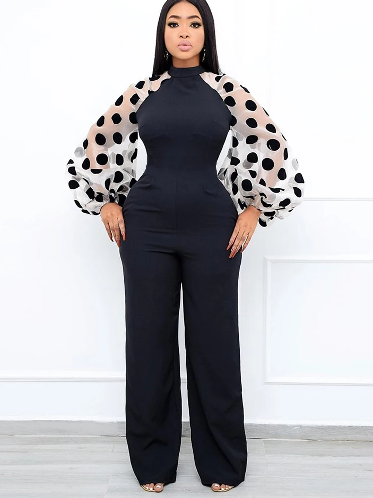 Polka Dot Women Jumpsuits Patchwork See Through Sleeves High Waist Slim Elegant Office Ladies One Piece Fashion Bodysuit Summer