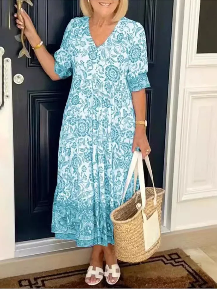 Женское длинное платье с цветочным принтом Элегантное повседневное V-образным