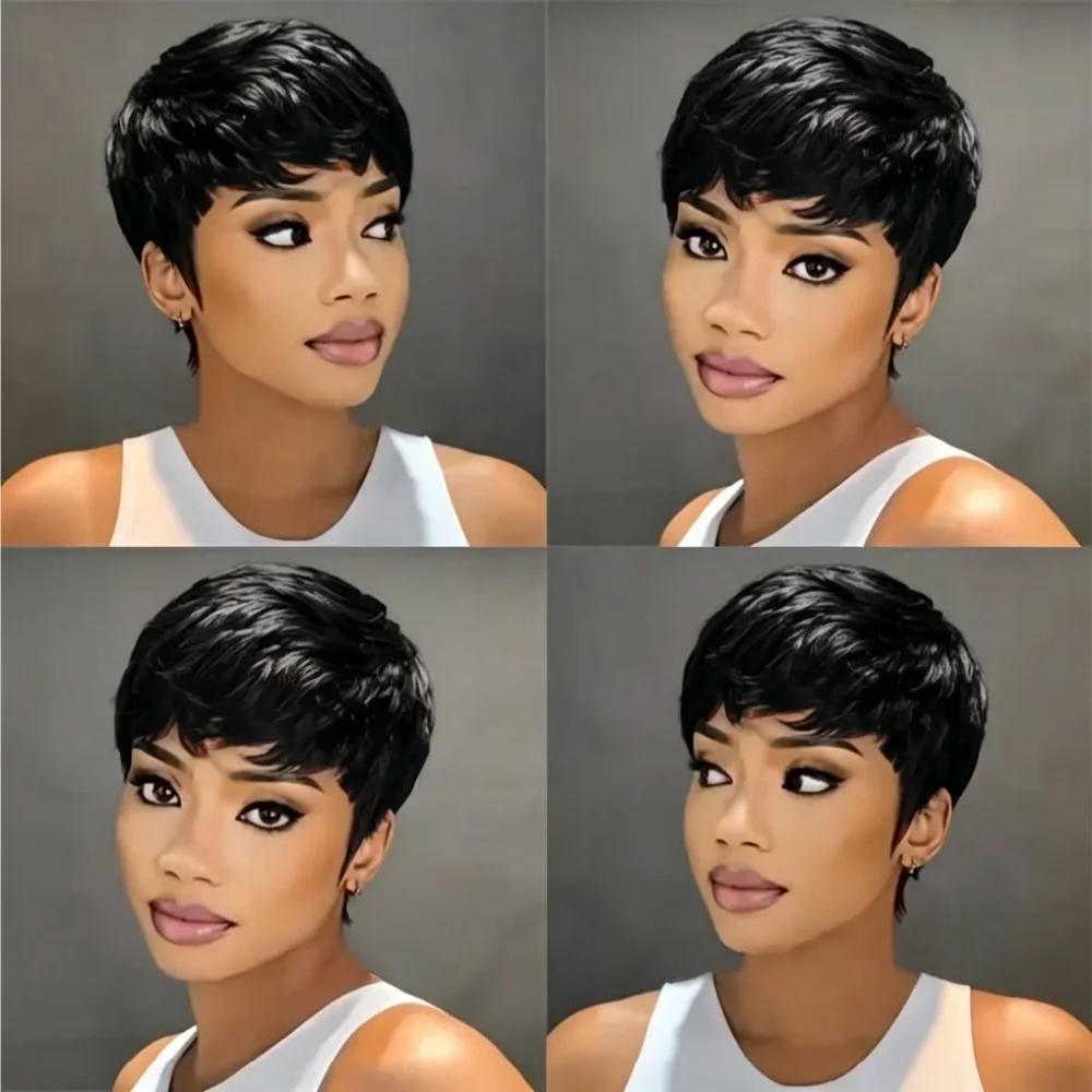 Фото Парик Pixie Cut из натуральных волос, прямой, полностью машинной работы, короткий, натурального цвета, для женщин, с боковым пробором, плотность 200% №2