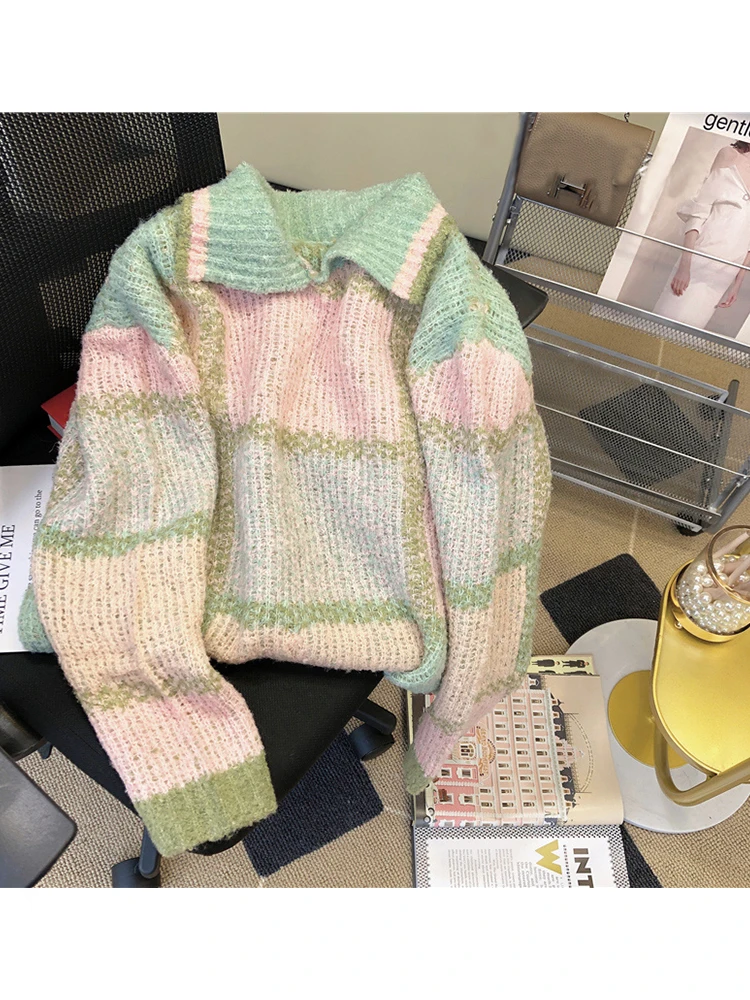 Women Autumn Winter Turn-down Collar Candy Color Plaid  Design Knitwear Jumper Baggy Long Sleeve Knitted Pullover Woolen Sweater