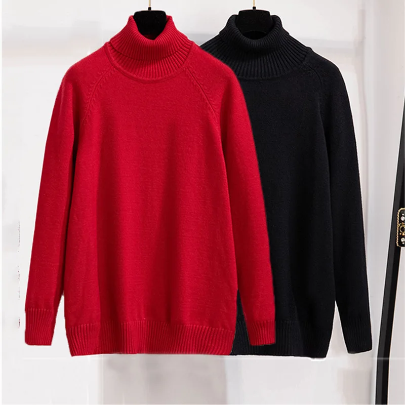 Large Size Women's Bust 160cm Outer Wear Loose Pullover Turtleneck Base Knitted Sweater Black Red 5XL 6XL 7XL 8XL 9XL 10XL 170Kg