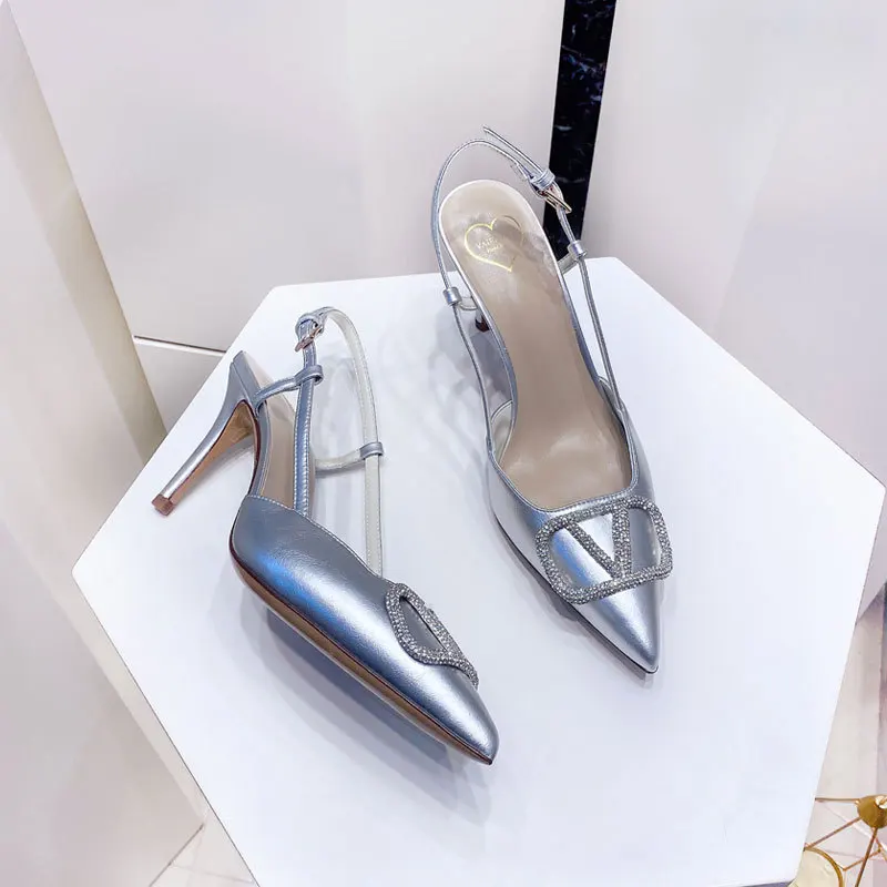 Women's Sandals Summer 2023 Shoes For Women Luxury Designer Brand Pumps Rhinestone High Heels Slingback Leather Fashion Stiletto