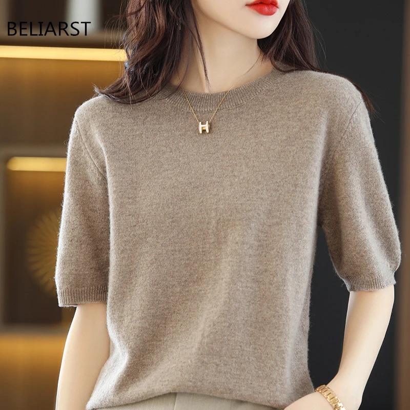 BELIARST 100% футболка из чистой шерсти весна-лето новинка Женская облегающая Модная