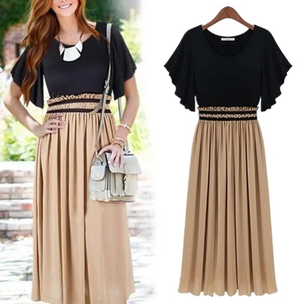 

Fashion Women Casual High Waist Ruffles Round Neck Pleated Short Sleeve Dress