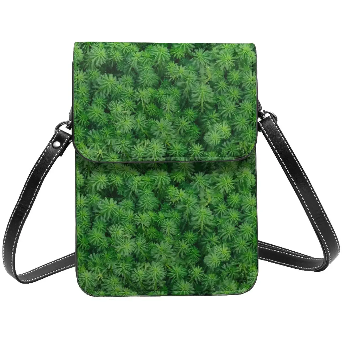 

Green Moss Shoulder Bag Leaves Print Fashion Stylish Mobile Phone Bag Leather Shopping Female Bags