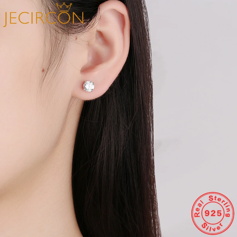 

JECIRCON 100% 925 Sterling Silver Bright 4-Claw Single Diamond Stud Earrings for Women Simple Fashion ins Style Zircon Earrings