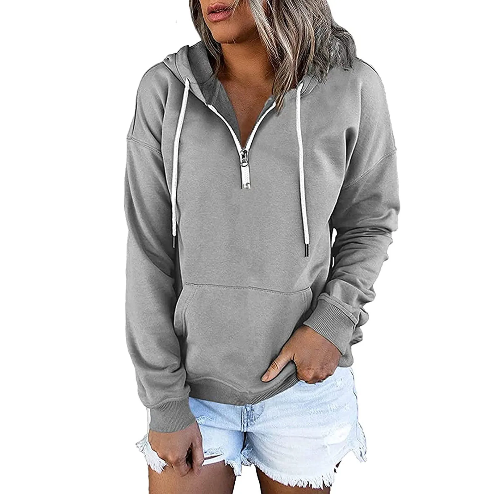 

Fashion Zip Hooded Sweatshirt Women Long Sleeve Solid Color Pullover Tops Autumn Winter Clothes Oversized Casual Pocket Hoodies