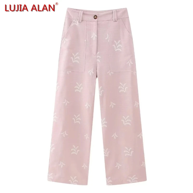 

Брюки женские прямые с цветочной вышивкой и карманами, повседневные свободные штаны с завышенной талией, LUJIA ALAN P3972, на лето