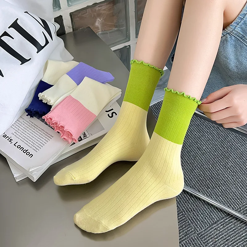 2 Pairs Of Girls' Mid-tube Socks Summer Thin Breathable Solid Cotton Ladies Cream Style Patchwork