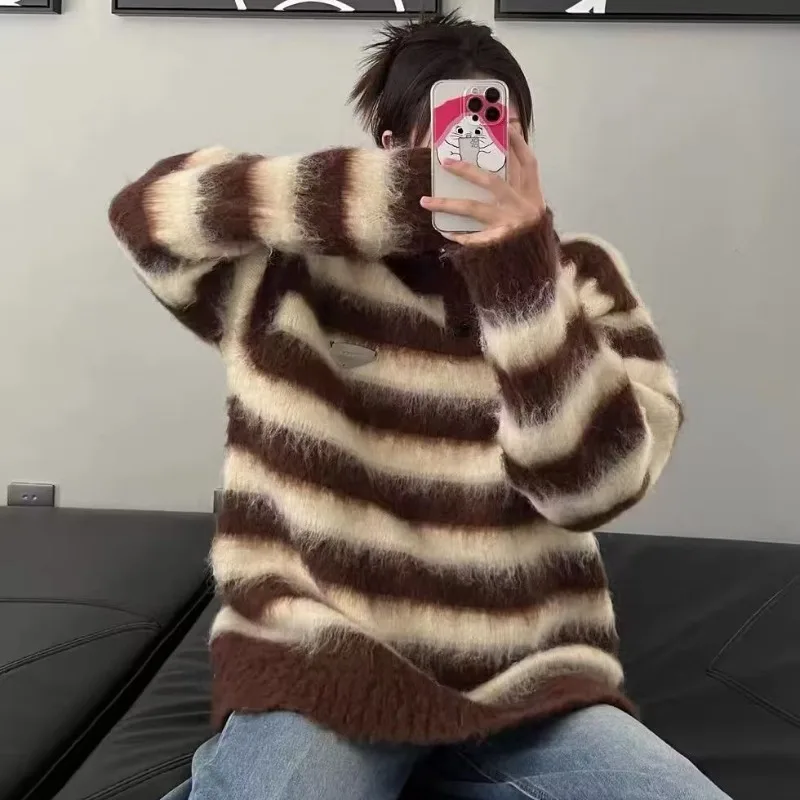 Пуловеры с длинными рукавами женские полосатые дизайны осень-зима новые теплые