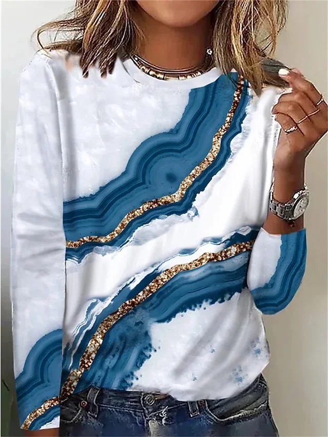 

Women's T shirt Tee White Light Blue Graphic Print Long Sleep Daily Weekend Basic Round Neck Regular Fit Abstract Painting
