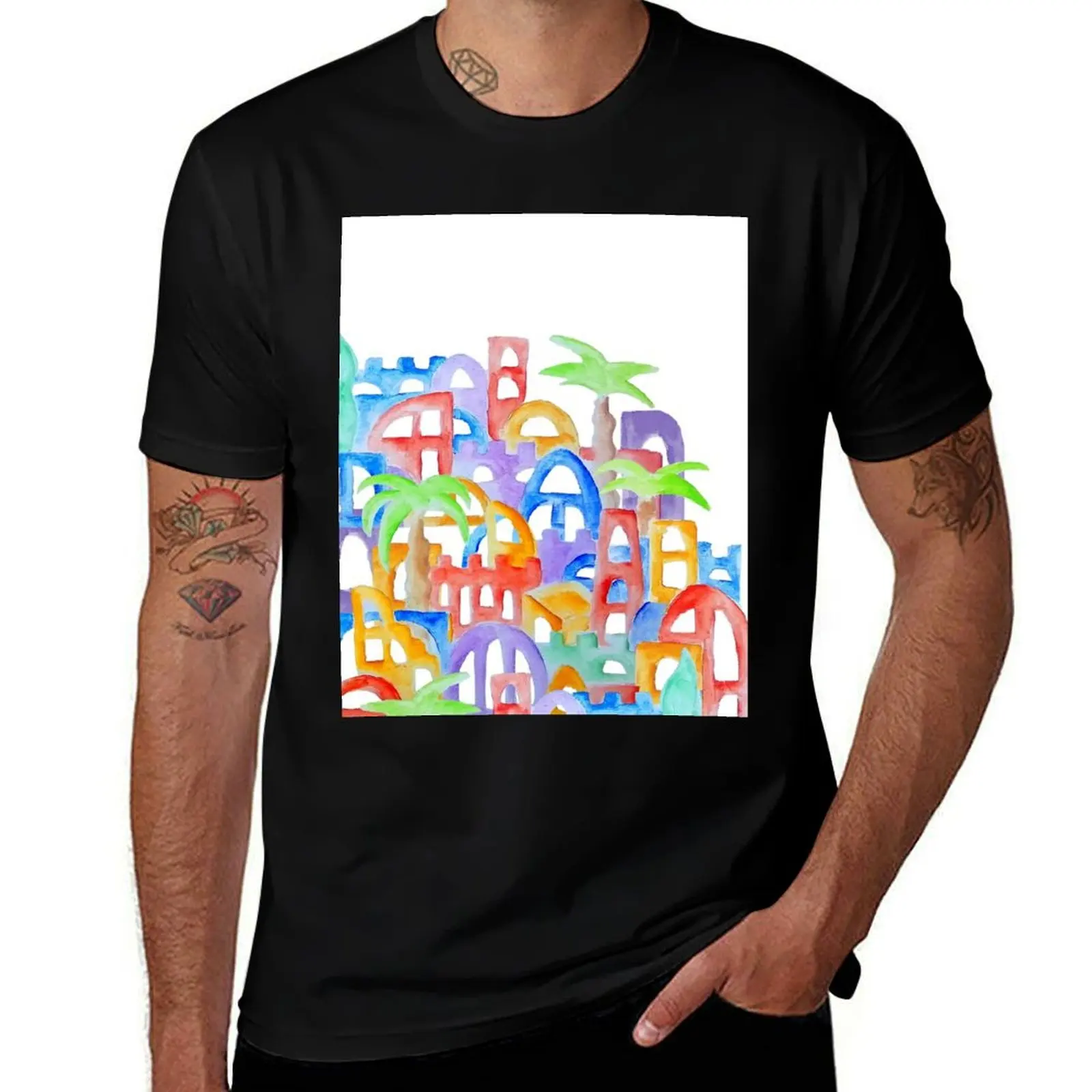 Красочная восточная акварельная футболка City Cinque Terre Aquarelle с рисунком большие