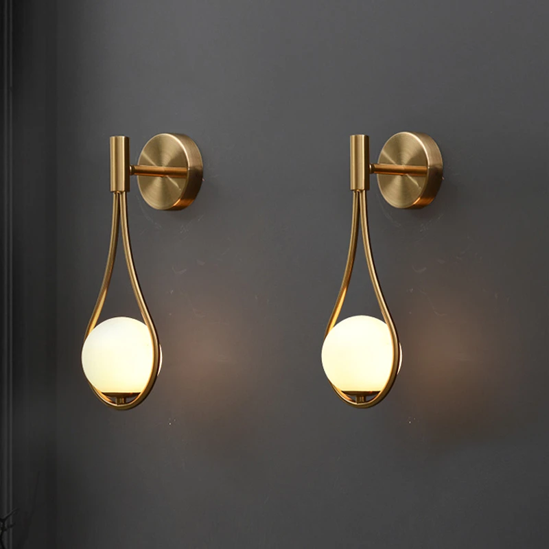 

Passage Glass Wall Lamp Bedside Brass Metal Light Bedroom Staircase Entrance Decorative Lights Corridor Interior Bracket Light