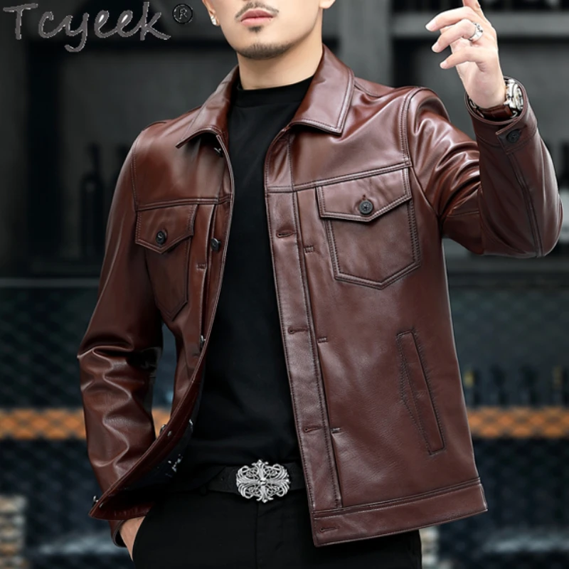 

Tcyeek 100% Cowhide Genuine Leather Jacket Men Clothing Motorcycle Men's Jacket Trendy Black Short Coats Jaqueta Masculina 5XL