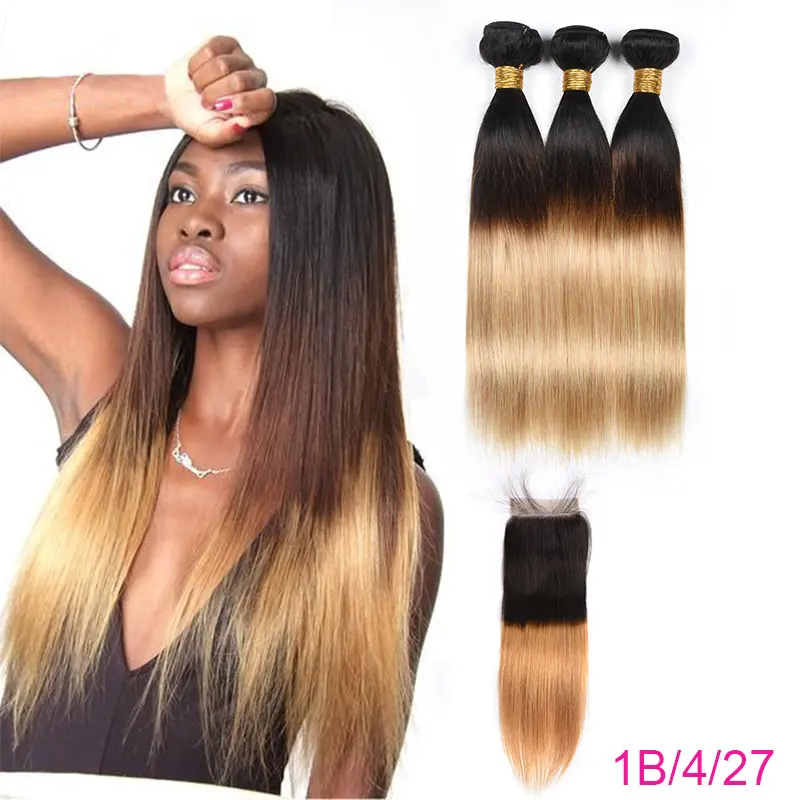 DreamDiana Remy Peruvian Ombre Straight Bundles With Closure Human Hair Ombre Bundles With Closure Blonde Bundles With Closure