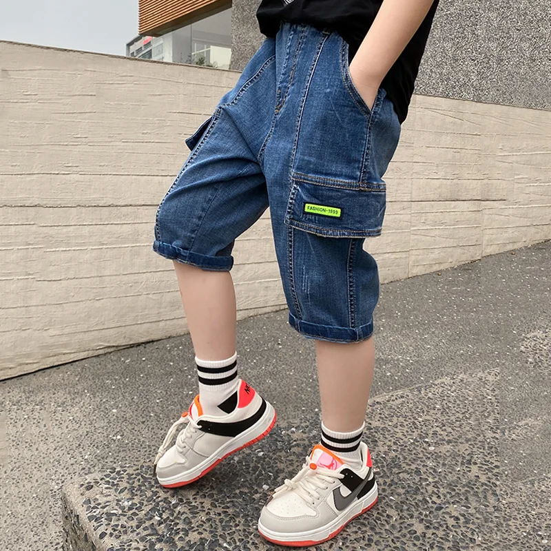 

2022 Fashion Cargo Denim Shorts For Boys Teenage Kids Elastic Waist Jean Short Pants For Children's Age 4-14 Years Wear LC487