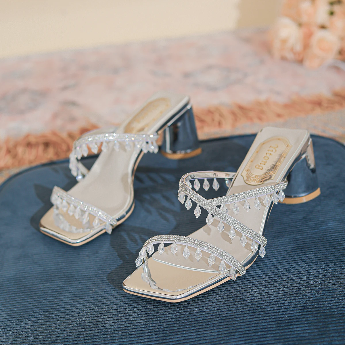 Xibeilove 2023 Summer Women Luxury Square Head Rhinestone Pendant Middle Heel Slippers Gold Silver Banquet Wedding Bridal Shoe