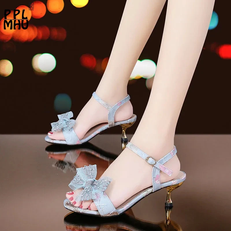 

Stiletto Women Sandals 2022 Summer New Rhinestones Butterfly-knot Wedding Shoes Elegant Hollow Open Toes Buckle Office Shoes