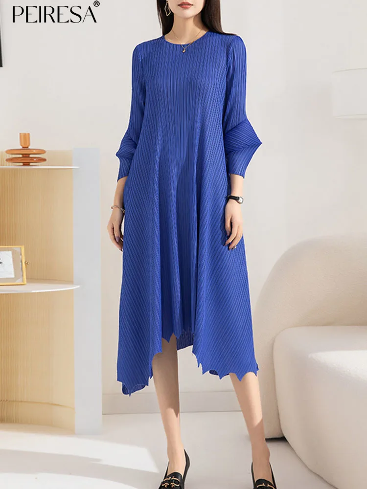 

PEIRESA Irregular Pleated Dress For Women 2023 New Fashion O Neck Wrist Sleeve Solid Color Vintage Loose Midi Dresses Clothes