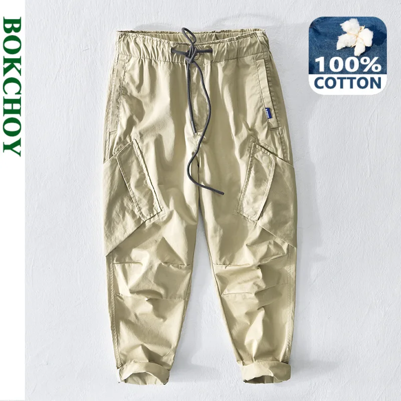 

Spring Summer New Men Drawstring Cargo Pants 100% Cotton Loose Multi Pockets Vintage Army Green Casual Trouser GA-Z382