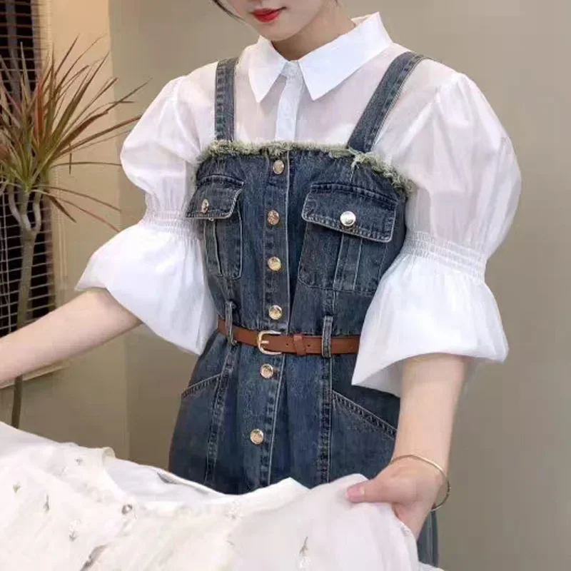 Корейская шикарная рубашка с пышными рукавами и лацканами джинсовая юбка