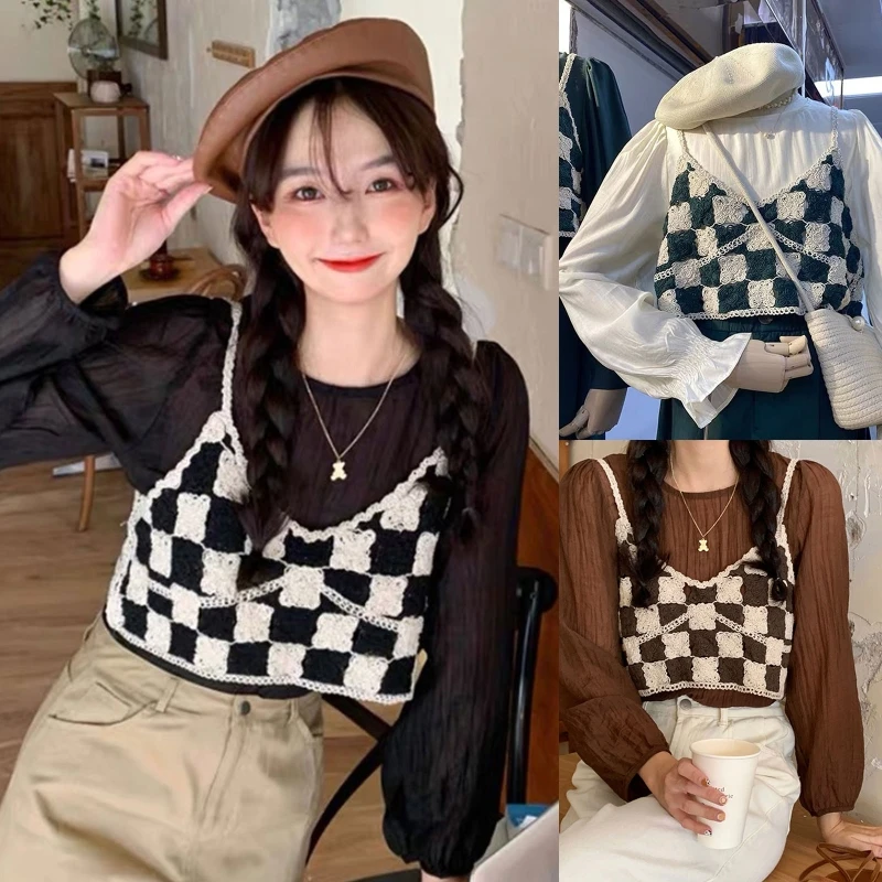 

Женский Осенний вязаный крючком кроше укороченный топ без рукавов клетчатый цветочный на бретельках с V-образным вырезом Повседневный Своб...